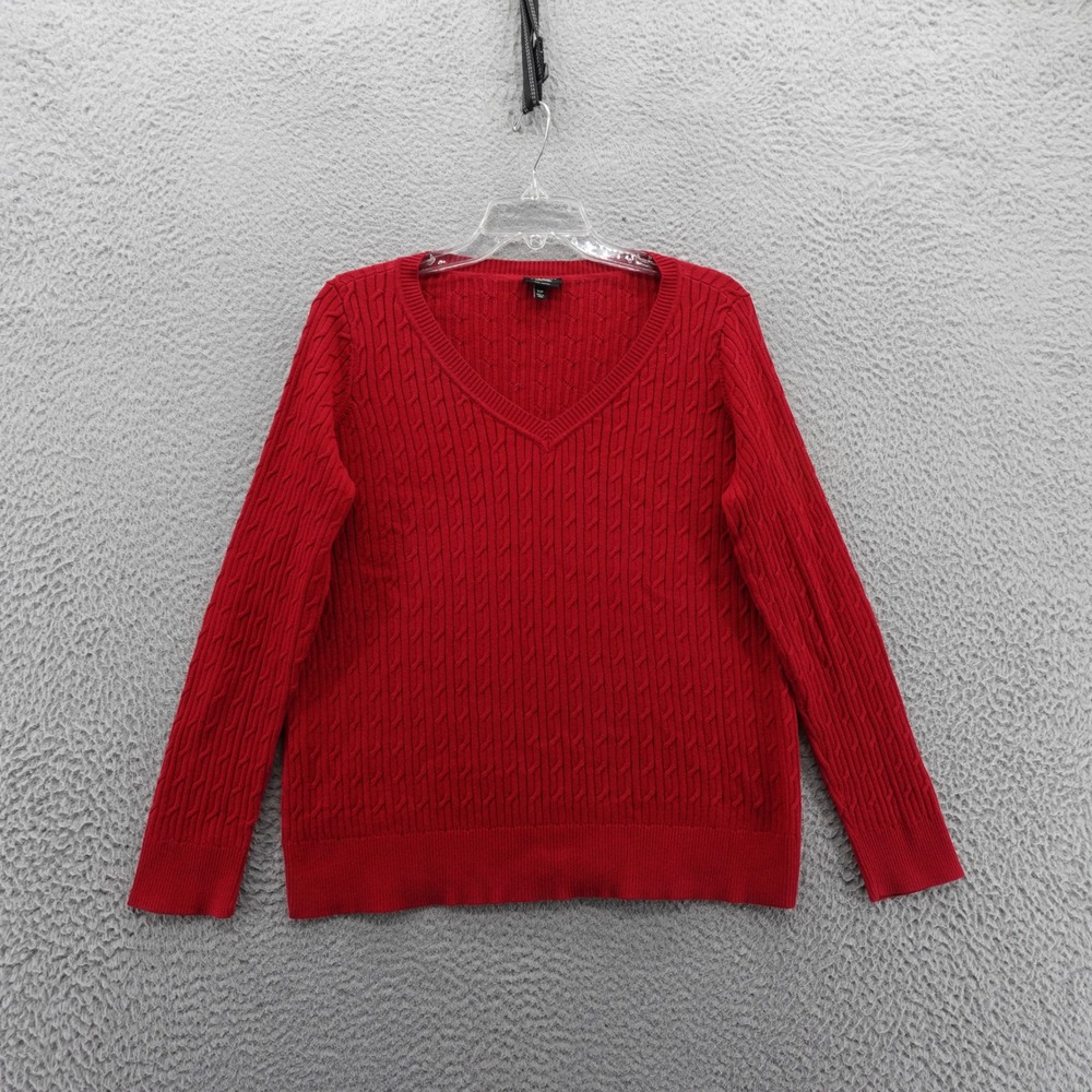 Talbots Cable Knit Sweater 1X Petite Red Womens Pima Cotton V Neck Pullover